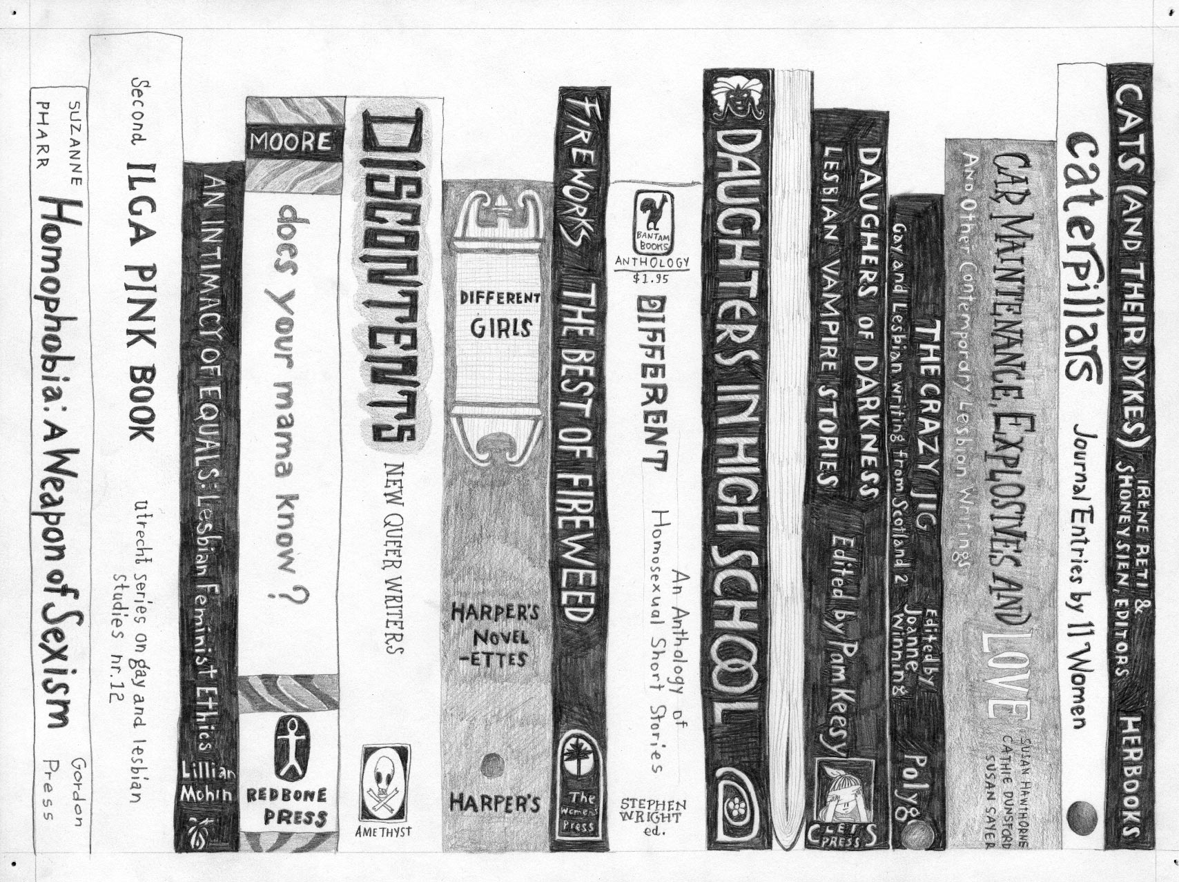 An illustration of pencil drawn books