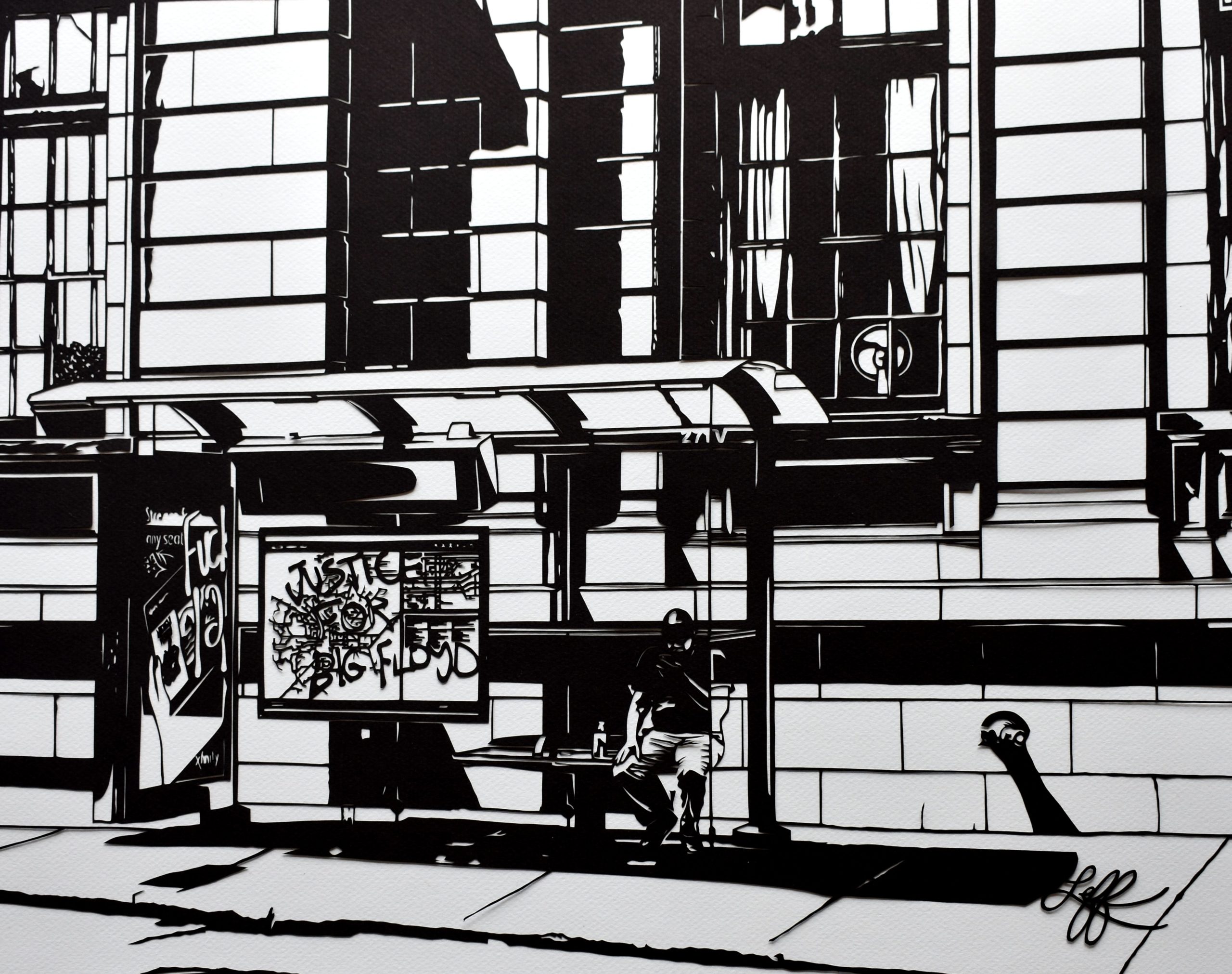 Monochromatic papercut artwork titled "Justice for Big Floyd" by Rosa Leff