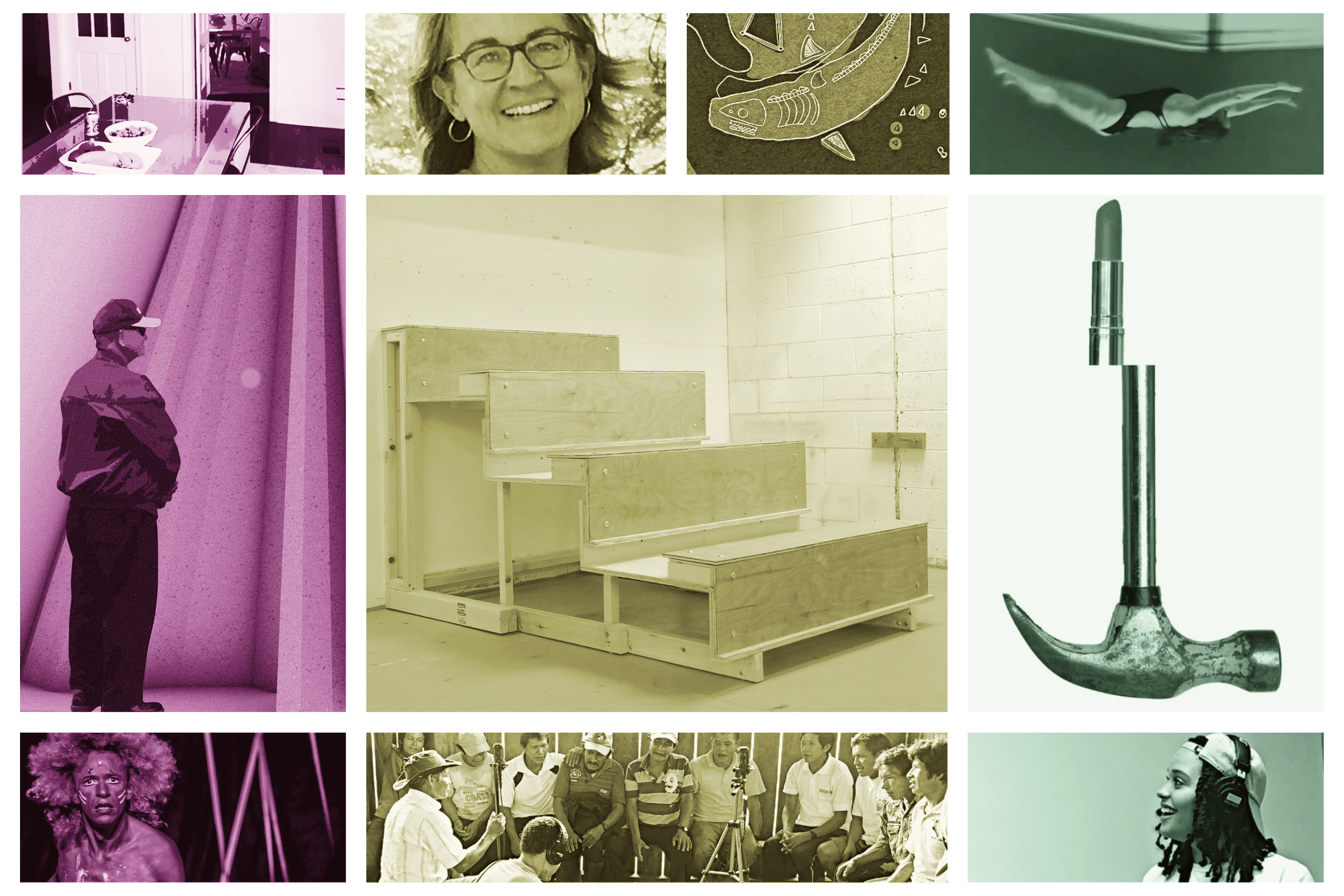2020 Fall Student Grant Images: (Top Left to Right) Photo of kitchen, Photo of Debra Harner, Illustration by Alix Pentecost-Farren of fossils, Photo of woman swimming underwater, (Middle Left to Right) man standing looking at tall curtains, Small wooden bleachers, Lipstick and a hammer, (Bottom Left to Right) Adeloyá Magnoni, Columbian Choir recording outside, Nikki Thomas
