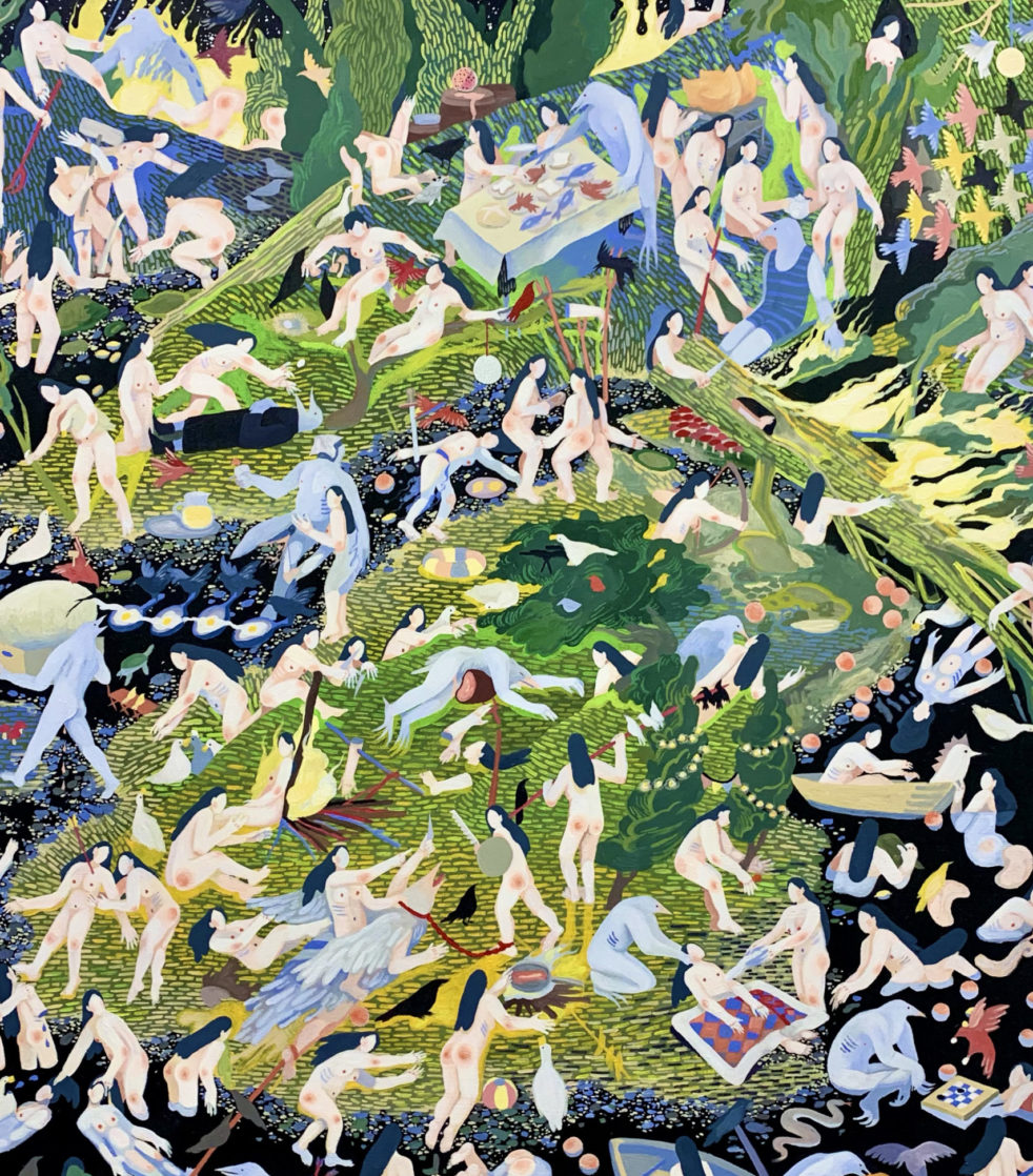 Acrylic on Canvas painting by Kay Seohyung Lee. A scene with many bodies strewn across a landscape.