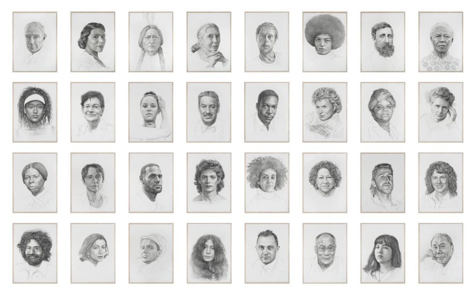 Large grid of hand-drawn black and white portraits, rendered in a uniform style.