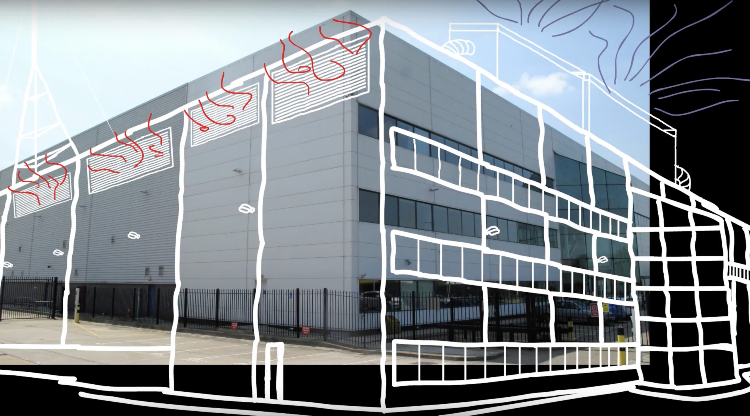An image of a building with a sketchy animation overlaid.
