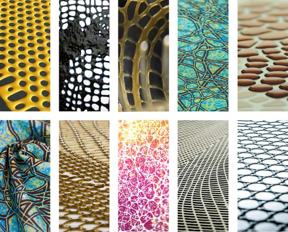 A mosaic of images that appear as abstract, but are close-ups of bio materials or objects made using bio-materials.