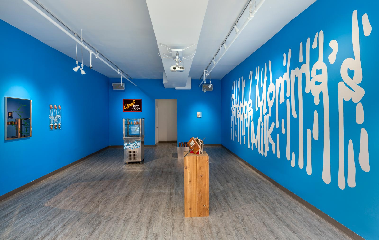 An art installation in an exhibition gallery with brightly colored walls