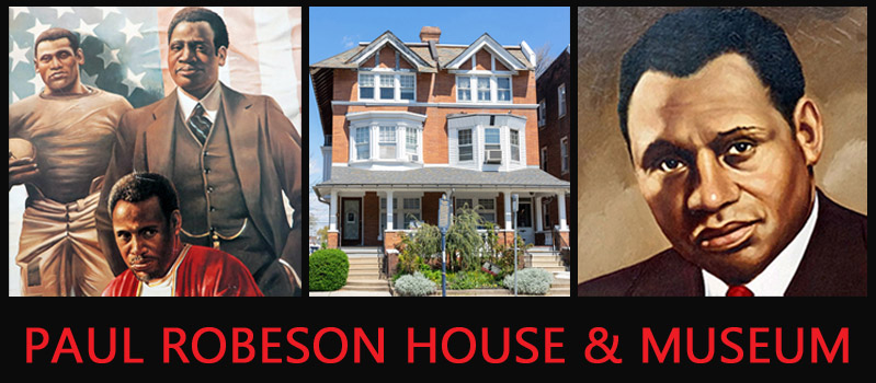 Paintings of Paul Robeson on either side of an image of the Paul Robeson House & Museum.