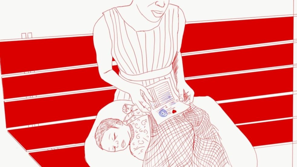 A traced photograph of a mother holding a baby, looking at a paid receipt that allowed her to leave imprisonment in a locked patio of a USA-based Nonprofit Hospital in Haiti.