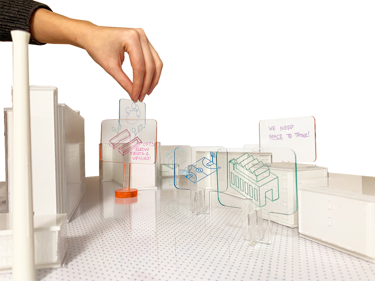 Image of community neighborhood planning model, including what the community wants to prioritize (more space, places to plant gardens, etc.).