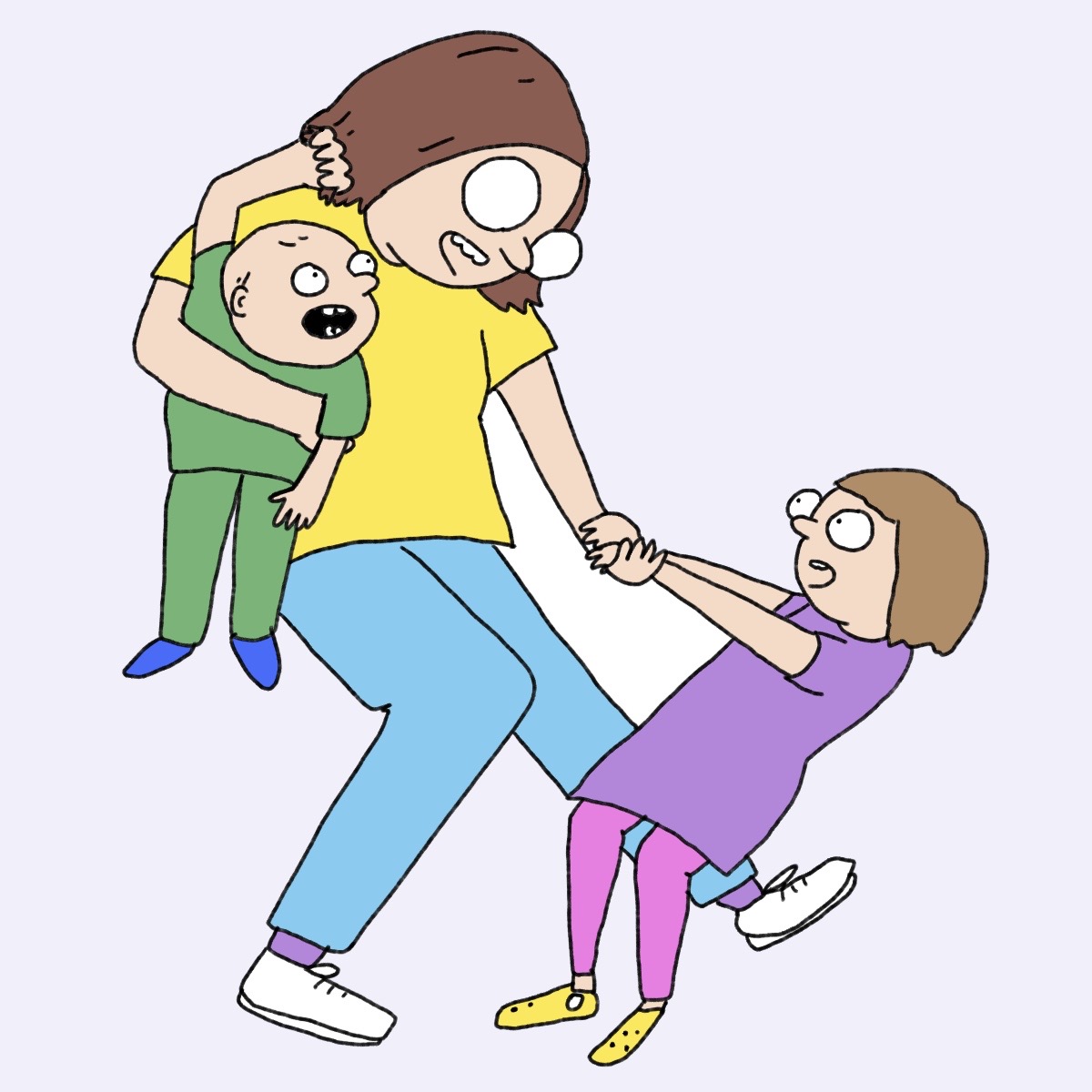 A self-portrait of Alli Katz drawn in her cartoon style featuring Alli (in glasses and a yellow shirt) holding her toddler son (in green), who is pulling her hair. Alli’s pre-school aged daughter, in a pink dress, pulls her arm. They’re all smiling.