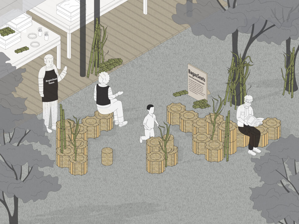 Rendering of people sitting on stool-like seats, in an outdoor setting.