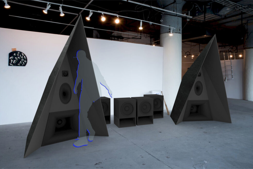 Digitally rendered image of two large triangular speakers in a white-walled space.