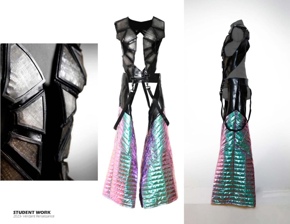 Three views of a fashion design made by a Penn Looks student.