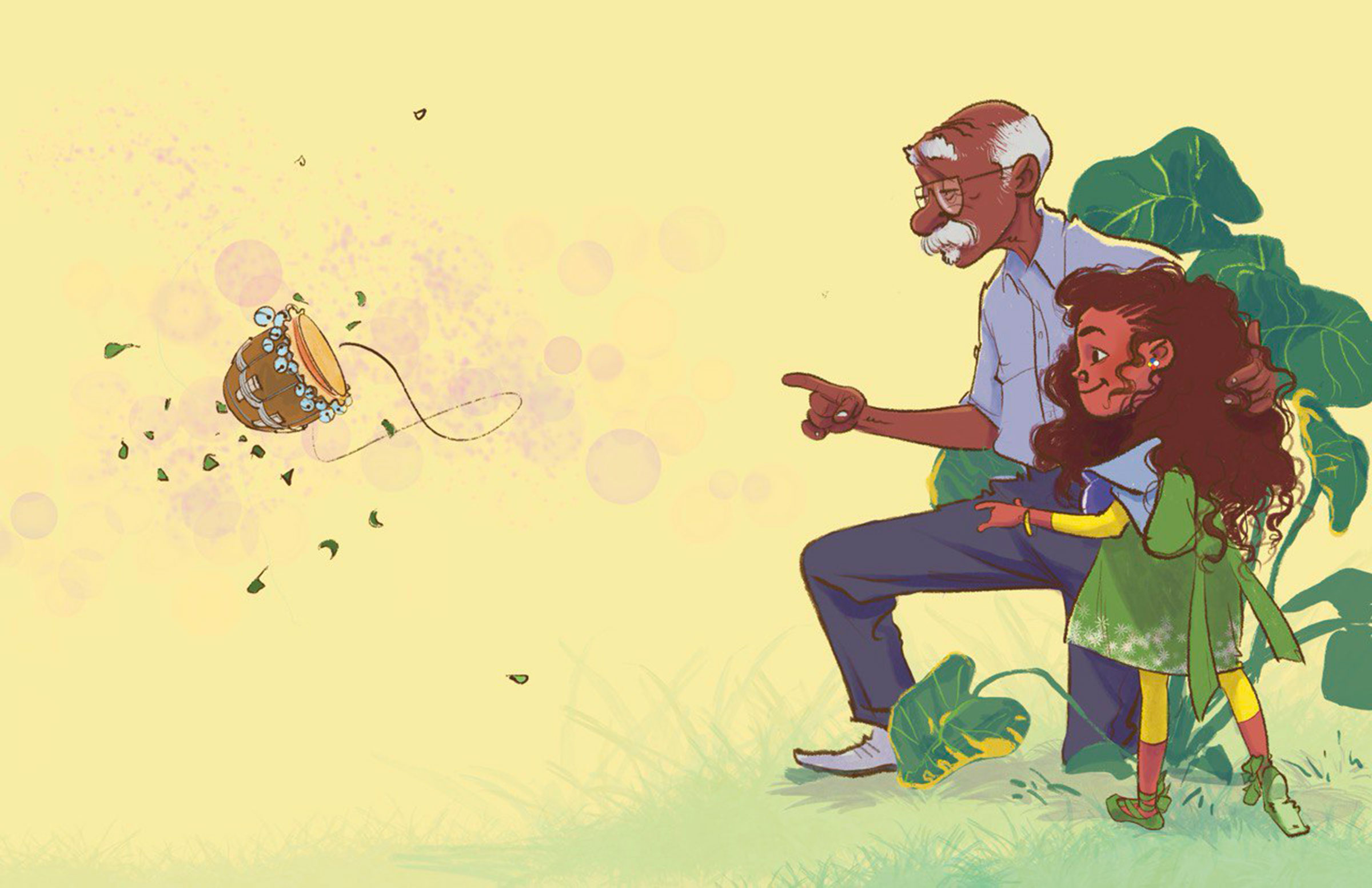 An elderly man and a young girl observe a suspended drum surrounded by green leaves in a pale yellow background.