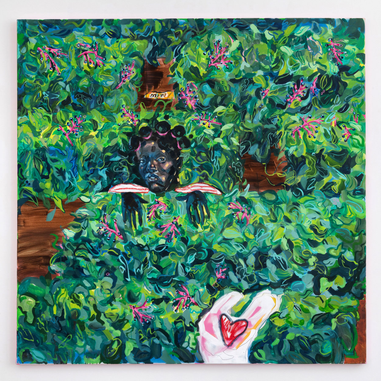 A painting of dense green foliage and pink flowers with a person's face and upper body emerging, wearing pink curlers. An "M&M" sign is visible.