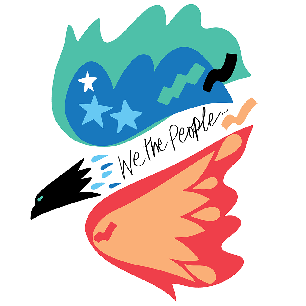 Exhibition cover illustration of brightly colored and stylized eagle with the words “We the People” in handwritten text.