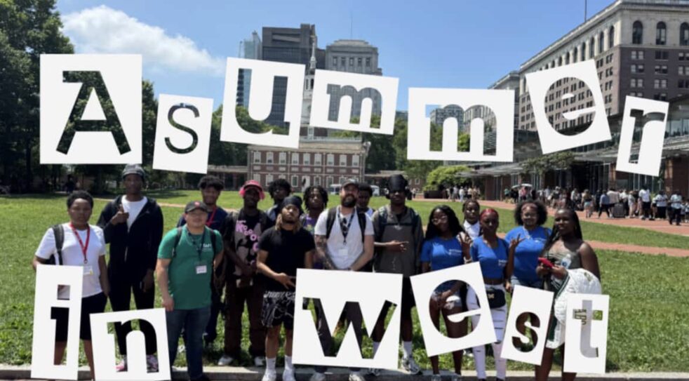 A group of people standing in front of a historic building with the words "A Summer in West" overlaid in large, scattered text