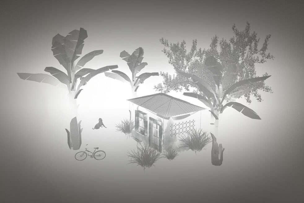 A loosely drawn grayscale illustration of a house surrounded by palm trees, with a reclining dog and a bicycle outside the front door.